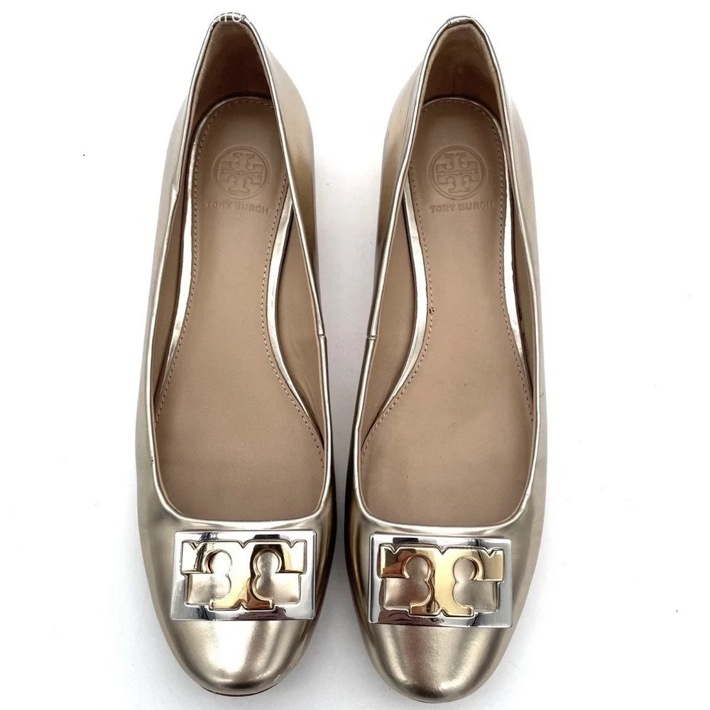 Tory Burch Gigi Block Heel Pumps Metallic Gold Leather Logo Shoes Women's 8M